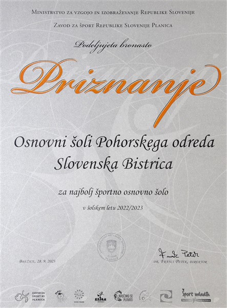 Bronasto priznanje za najbolj športno šolo